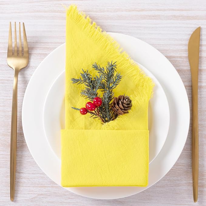 12 Pack Lemon Yellow Cotton Linen Napkins with Fringe Christmas Cloth Napkins Set of 12 Boho Handmade Holiday Napkins Bulk for Wedding Baby Shower Xmas Dinner Table Parties, 17 x 17 Inches