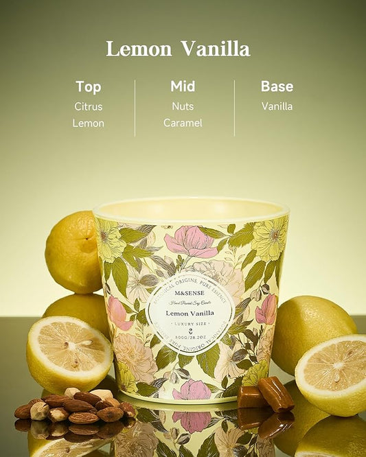 M&SENSE Lemon Vanilla Scented Candle, 28.2oz 3 Wick Natural Soy Wax Large Candles, Long Lasting Clean Slow Burning No Toxic Décor for Home Relaxation, Romantic Dates & Gift-Giving