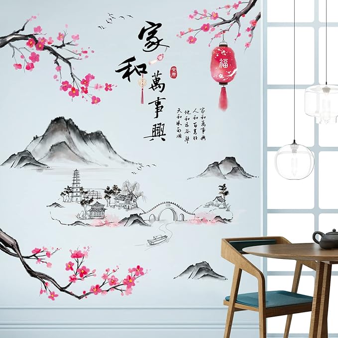 Removable 3D Chinese Style Landscape Mountain Water Wall Decals Chinese Characters Family and Peace with Plum Flower Tree Branches Wall Sticker Murals for Bedroom Sofa Background Decor