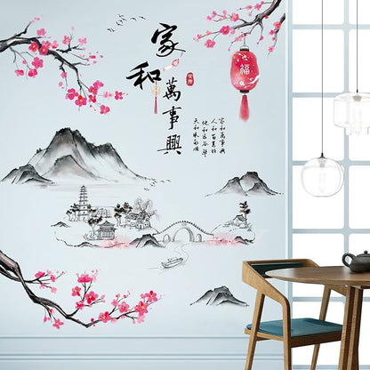Removable 3D Chinese Style Landscape Mountain Water Wall Decals Chinese Characters Family and Peace with Plum Flower Tree Branches Wall Sticker Murals for Bedroom Sofa Background Decor