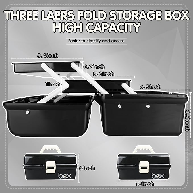 12in Three-Layer Multipurpose Storage Box Organizer Folding Tool Box/Art & Crafts Case/Sewing Supplies Organizer/Medicine Box/Family First Aid Box with 2 Trays (Black)…