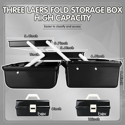 12in Three-Layer Multipurpose Storage Box Organizer Folding Tool Box/Art & Crafts Case/Sewing Supplies Organizer/Medicine Box/Family First Aid Box with 2 Trays (Black)…
