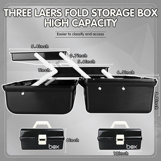 12in Three-Layer Multipurpose Storage Box Organizer Folding Tool Box/Art & Crafts Case/Sewing Supplies Organizer/Medicine Box/Family First Aid Box with 2 Trays (Black)…