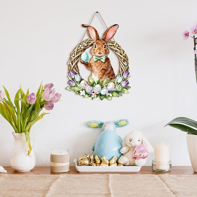 Kercan Easter Bunny Door Sign, Happy Easter Eggs Wooden Hanging Decorations Hanging Plaque Bunny Rabbit Sign Wall Hanger Floral Spring Decor for Front Door Porch Yard Wall Home Decorations