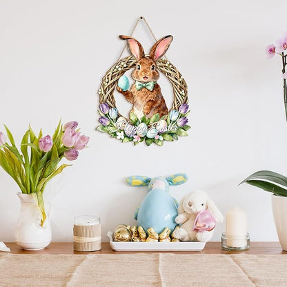 Kercan Easter Bunny Door Sign, Happy Easter Eggs Wooden Hanging Decorations Hanging Plaque Bunny Rabbit Sign Wall Hanger Floral Spring Decor for Front Door Porch Yard Wall Home Decorations