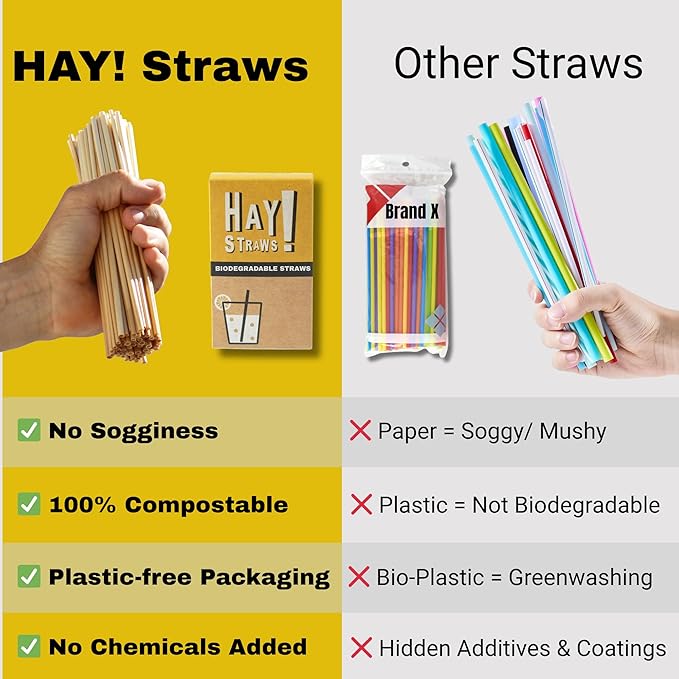 HAY! Straws® 7.75" Regular Drinking Straws | 100ct Disposable Natural Wheat Stem Straws | Never Soggy, Neutral-Taste | 100% Biodegradable | Alternative to Plastic and Bioplastic Straws