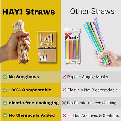HAY! Straws® 5” Cocktail Straws | 500ct Disposable Natural Wheat Stem Straws | 100% Biodegradable, Compostable | Never Soggy, Neutral Taste | Durable, Gluten-Free, Plastic-Free
