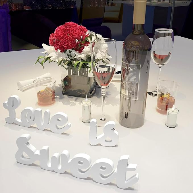 Love Is Sweet Sign - Freestanding Wooden Wedding Decor with Hollow Letters for Dessert Table, Anniversary & Photo Props | White Rustic Wall Art