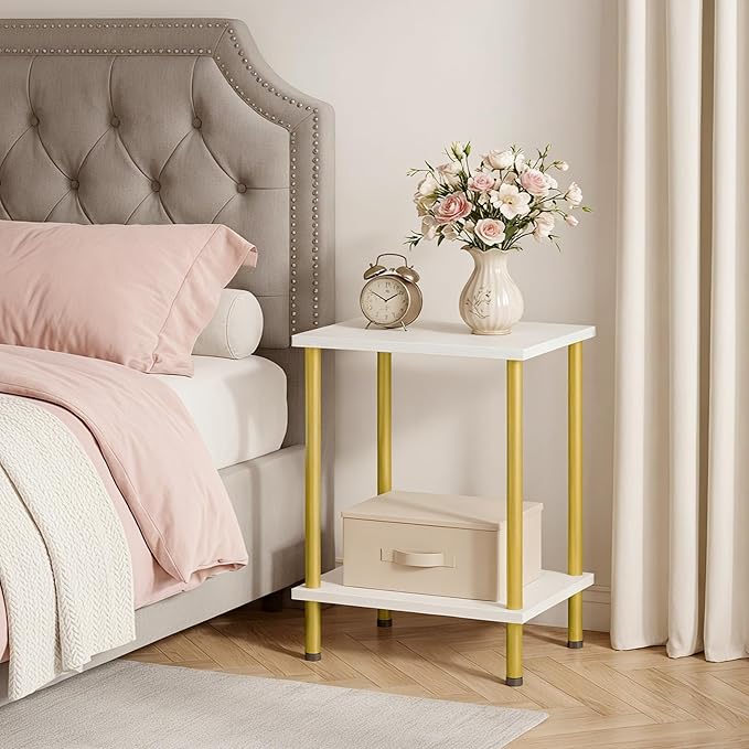 HOOBRO End Table, Small Side Table, Nightstand with 2-Layer Storage Shelves, Sofa Table for Small Spaces, Living Room, Bedroom, Stable Frame, Easy Assembly, White and Gold DW09BZ01