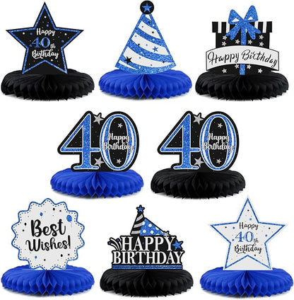 Happy 40th Birthday Decorations,40th Bday Blue Glitter Shiny Stand Honeycomb Table Centerpieces - Cheers to Forty Years Old Birthday Party Photoprop Gift Sign.