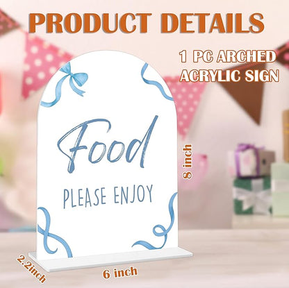 Food Please Enjoy Sign - Blue Bow Baby Shower Sign, 1 Pack Arch Acrylic Sign with Stand, Gender Reveal Party Table Decor, Blue Baby Shower Supplies (SP11)