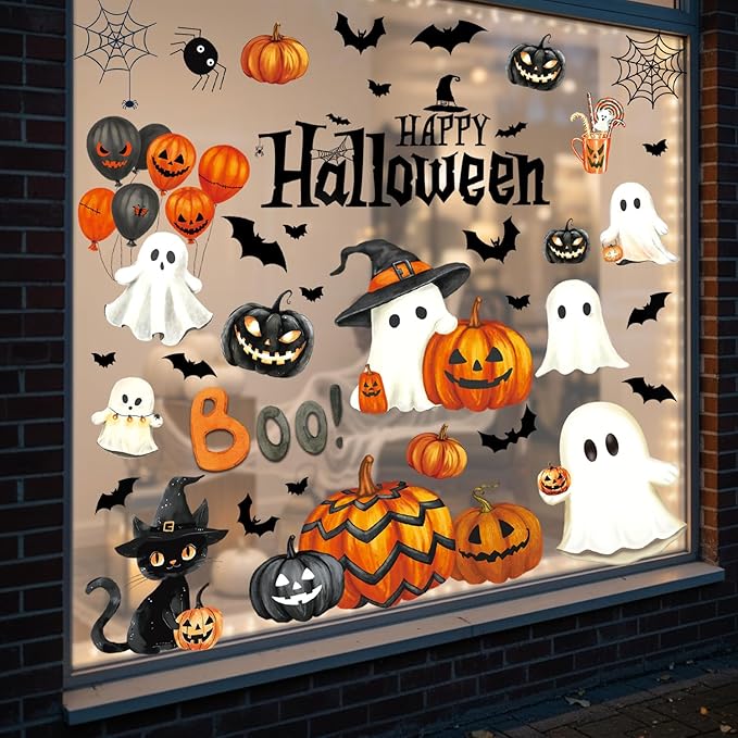 Halloween Window Clings Decorations, Ghost Pumpkin Bat Stickers Decor for Glass Windows, Large Double Sided Reusable Decals, 8 Sheets