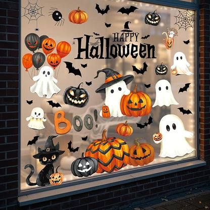 Halloween Window Clings Decorations, Ghost Pumpkin Bat Stickers Decor for Glass Windows, Large Double Sided Reusable Decals, 8 Sheets
