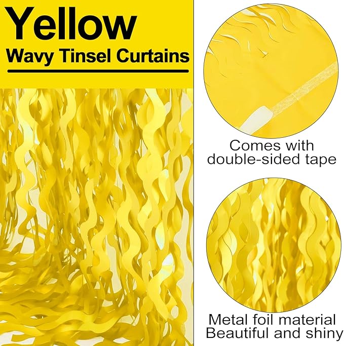 4 Pack Macaron Yellow Fringe Curtain Backdrop 3.2Ft x 8.2Ft Metallic Tinsel Foil Fringe Streamers Background for Photo Booth Mother's Day, Easter, Carnival, Birthday, Wedding Party Decoration