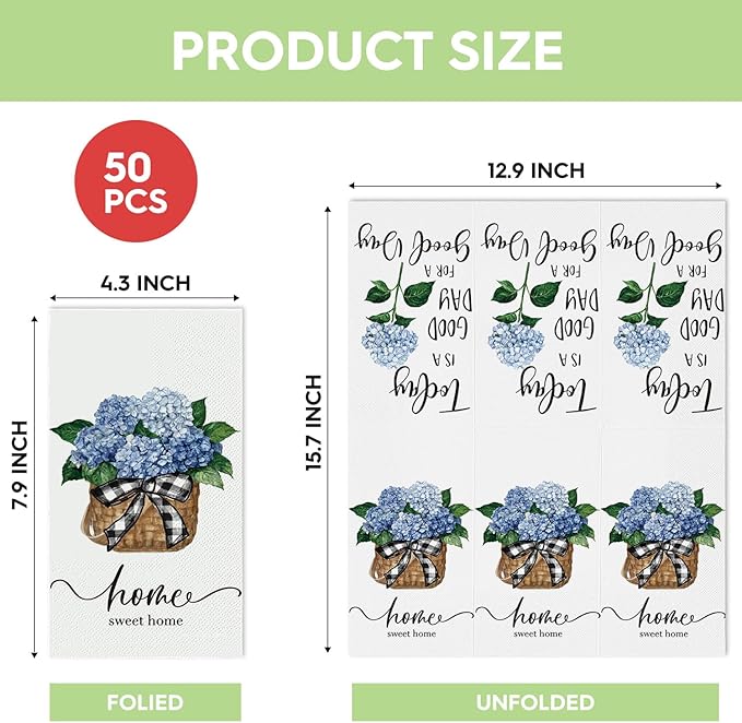 Horaldaily 50 Disposable Paper Decorative Guest Napkins, Blue Hydrangea Bouquet Sweet Home Hand Towel for Party Lunch Dinner Kitchen Bathroom