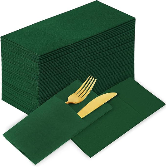 KAMMAK Dark Green Napkins Disposable with Pocket Cloth Like Dinner Paper Napkins 100 Pack Folded Guest Hand Towel for Party Decoration, Wedding Reception, Bathroom or Restaurant (16.5 x 16.5 inch)