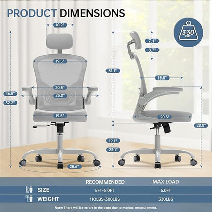 Synorla Office Chair Ergonomic Desk Chair, 330LBS Capacity, High Back Computer Design for Long Hours Comfort, Rolling Swivel Executive Task for Home Office with Flip-up Armrests（Grey）