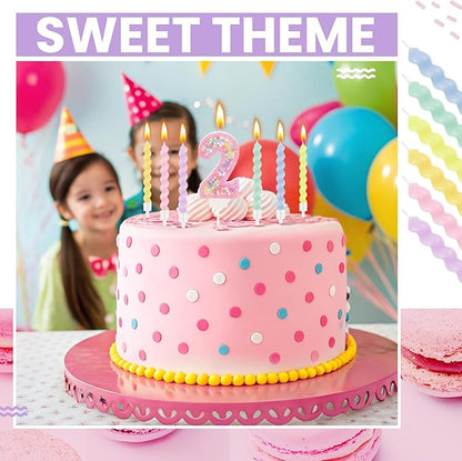 MTLEE Birthday Candle Macaron Glitter 3D Number Candle with 12 Pcs Rainbow Spiral Candles in Holders for Girl Boy Cake Topper Wedding Anniversary Pastel Sweet Theme Party Decoration(Pink,Number 2)