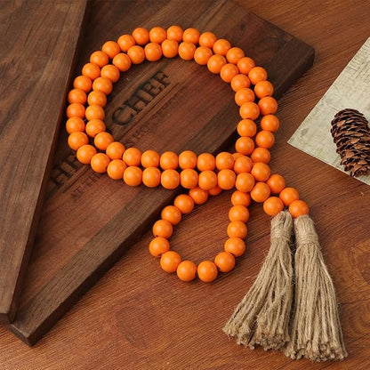 Wood Bead Garland 58 Inch Orange Wooden Beads for Boho Farmhouse Table Home Decor with Tassel, Wooden Prayer Bead, Rustic Country Boho Wall Hanging Decor for Kitchen Modern Living Room Tray Vase Shelf