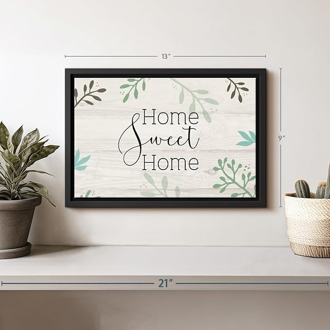 Elephant Stock Home Sweet Home Foliage Wall Art - Horizontal Floating Framed Canvas - 1-Piece Living Room Wall Decor - Leaf Digital Art Canvas Print - Beige and Black Decor for Wall by Susan Jill - 13" X 9"