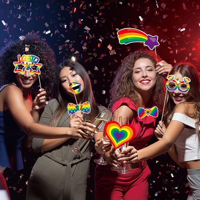 Pride Accessories, Kaluofan 28 PCS LGBTQ Party Photo Booth Props, Rainbow Heart Gay Pride Day and Month Decorations LGBTQ Parade Wedding Celebration Rainbow Friends Party Favor Supplies