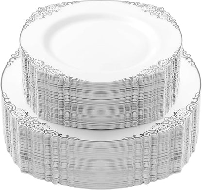 100 PCS White and Silver Plastic Plates for 50 Guests, Rose Gold Disposable Plates Include 50 PCS Dinner Plates, 50 PCS Dessert Plates for Party, Wedding and Baby Shower