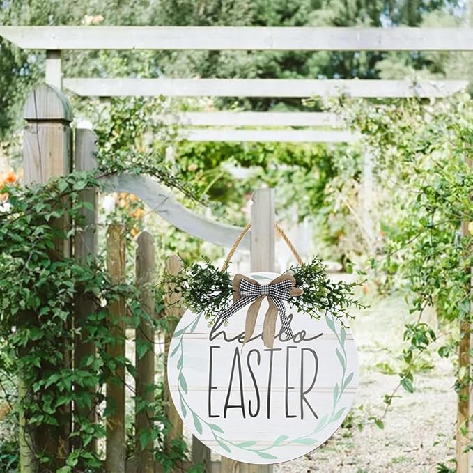 Boylee Easter Wooden Hanging Sign Hello Easter Sign Door Decoration with Bow Rustic Easter Wood Wreath Sign for Easter Spring Holiday Home Coffee Shop Bakery Farmhouse Window