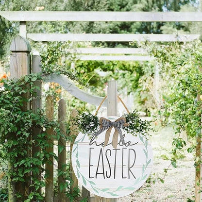 Boylee Easter Wooden Hanging Sign Hello Easter Sign Door Decoration with Bow Rustic Easter Wood Wreath Sign for Easter Spring Holiday Home Coffee Shop Bakery Farmhouse Window