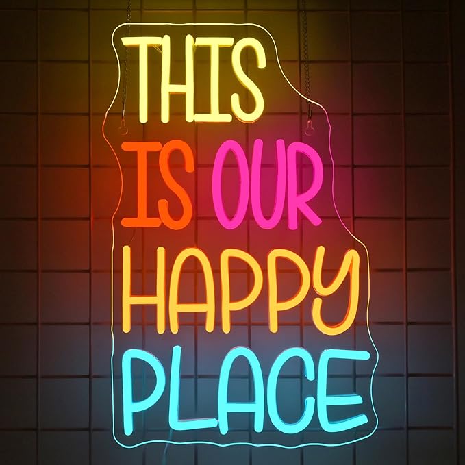 NOSUN This is Our Happy Place Neon Sign for Wall Decor Colorful Letter Neon Light Cheerful LED Neon Signs with USB for Gym Classroom Bedroom Children's Playground Bar