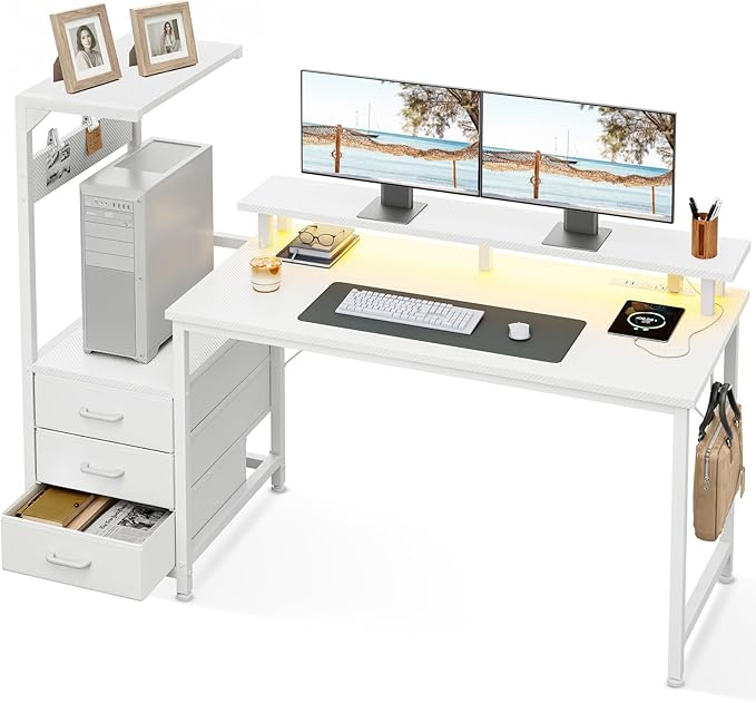 AODK 59 Inch Gaming Desk with USB Charging Ports & LED Light- Reversible Computer Desk with Storage Shelves & Monitor Stand, Modern Gamer Desk Table with Fabric Drawers & Side Hook, Carbon Fiber White
