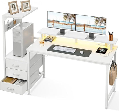 AODK 59 Inch Gaming Desk with USB Charging Ports & LED Light- Reversible Computer Desk with Storage Shelves & Monitor Stand, Modern Gamer Desk Table with Fabric Drawers & Side Hook, Carbon Fiber White