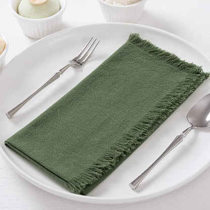 6 Pack Olive Green Cotton Linen Napkins with Fringe Green Cloth Napkins Set of 6 Boho Handmade Dinner Table Napkins for Wedding Bridal Baby Shower Tea Party, 17 x 17 Inches