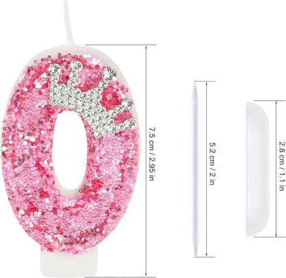 Birthday Number Candles,Pink Crown Birthday Candles for Cake,Glitter Number 0 Candle Cake Topper with Sequins for Girls,Women, Anniversary Celebrations Supplies (Pink 0)