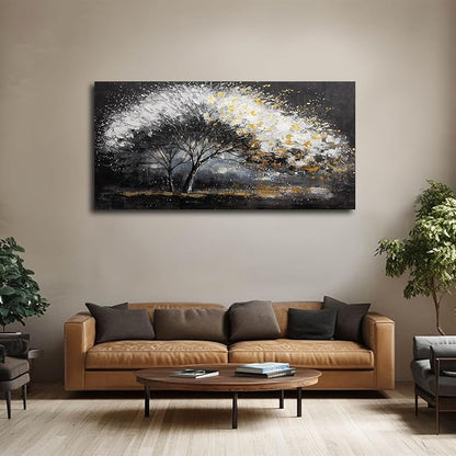 White and Gold Wall Art Tree Wall Decor Contemporary Landscape Canvas Art for Living Room Black Framed Wall Prints for Bedroom Office 24x48 Inch