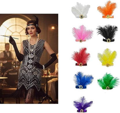 Feather Headpiece Sequins Headbands 1920s Flapper Showgirl Headpieces for Women Girls Carnival Party Accessories
