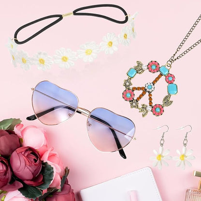 Dicunoy 5 PCS Hippie Costume Accessories, 70s Hippie Costume Set, Daisy Flower Headband and Earrings, Sunglasses, Peace Sign Pendant Necklace Jewelry for 60s 70s Theme Groovy Party