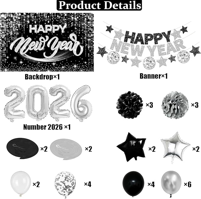 New Years Eve Party Supplies 2026 Happy New Year Decorations Kit - Black Silver Happy New Year Banner, Backdrop, 2026 Balloons, Pom Poms and Hanging Swirls for Kids Adults Party Decor
