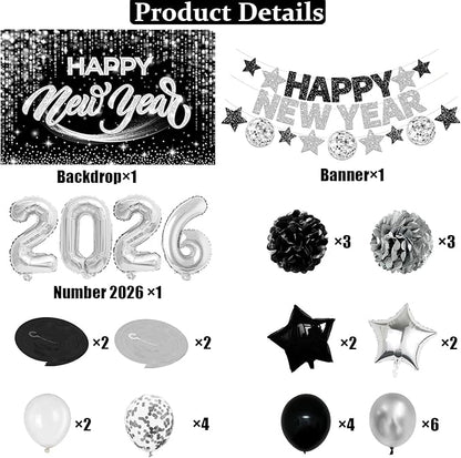 New Years Eve Party Supplies 2026 Happy New Year Decorations Kit - Black Silver Happy New Year Banner, Backdrop, 2026 Balloons, Pom Poms and Hanging Swirls for Kids Adults Party Decor