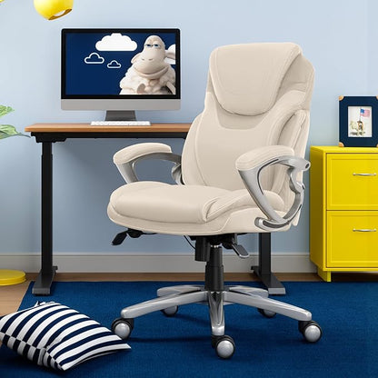Serta Bryce Executive Office Chair - Ergonomic Computer DeskChair with Lumbar Technology - Adjustable Height - Memory Foam Body Pillows - 360° Swivel Rolling Base - Bonded Leather - Cream