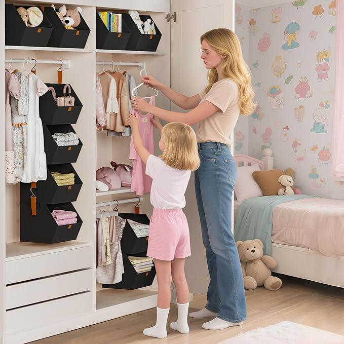 Hanging Closet Organizer 4 Tier - Clothes Hanging Shelves, Space-Saving Closet System, Fabric Storage Bins Bedroom Organization, Collapsible Baskets for Home, Dorm, Rv, Black, 8 Pack