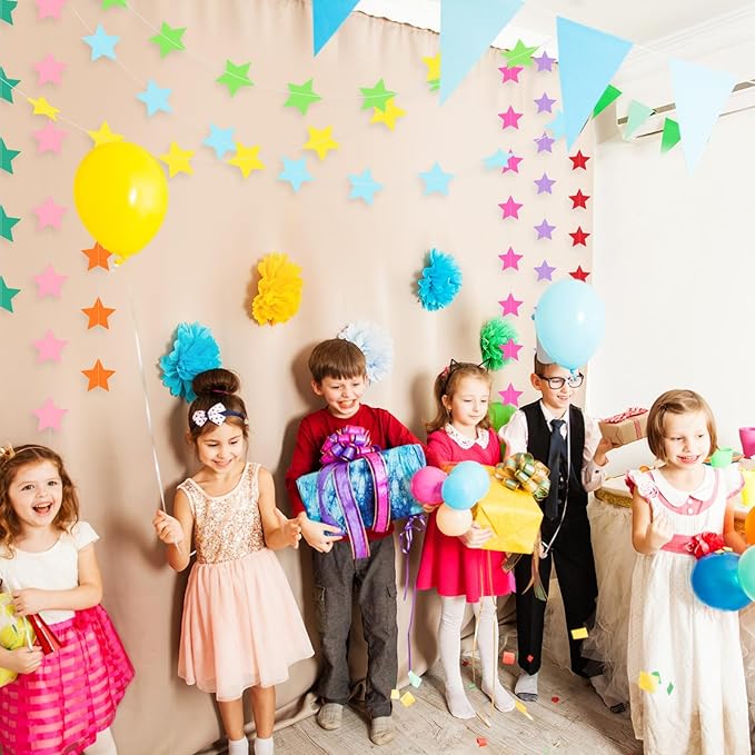 Patelai Glitter Star Garland Banner Christmas Decor 130 Feet Star Hanging Bunting Banner Twinkle Backdrop for Homecoming Classroom Wedding Birthday Halloween Party Supplies(Rainbow)