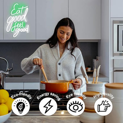 Eat Good Feel Good Neon Sign Green White Letter LED Neon Light Sign Food Neon Signs for Wall Decor Health LED Sign Dimmable Light Up Signs for Restaurant Kitchen Snack Shop Party Decor