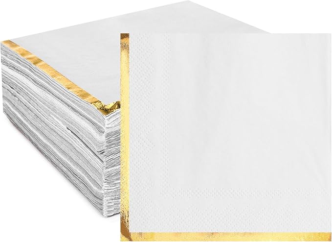 Fulmoon 200 Pcs Paper Napkins with Gold Foil Edge 2 Ply Cocktail Napkins Soft Disposable Golden Trim Lined Dinner Napkins Decorative Cocktail Napkin Paper for Wedding Birthday Anniversary (White)