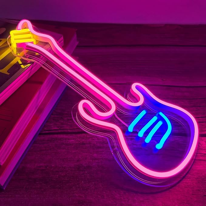 Guitar Neon Sign Light, On/Off-Switch Neon Sign for Wall Decor, LED Light Sign for Bedroom Decor, Girls Room, Christmas Gifts, Bar, Party, Wedding, Easily-Install with Hooks, Chain, Adaptor (14"x6")