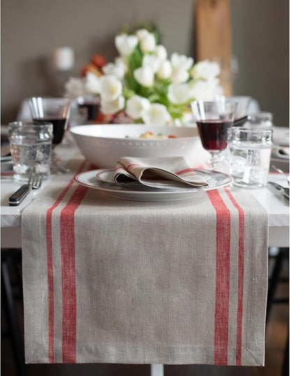 Solino Home Linen Table Runner 90 Inches Long - French Stripe, 100% Pure Linen Red and Natural Farmhouse Table Runner 14 x 90 Inch Ideal for Dining, Fall, Autumn, Holiday, Winter