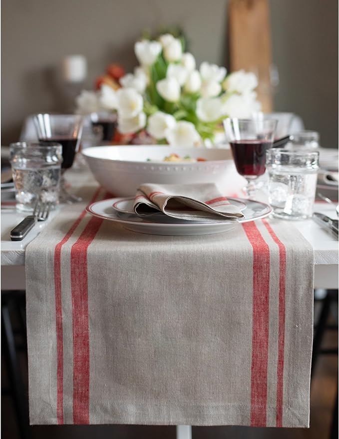 Solino Home Linen Table Runner 132 Inches Long - 100% Pure Linen Red and Natural French Stripe Table Runner 14 x 132 Inch for Dining, Christmas, New Year