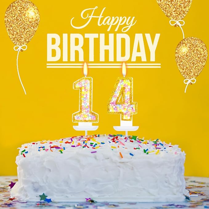 14th Birthday Candle for Cake, Colorful Macaron Numeral Candles for Girls/Boys, Birthday Party Cake Decorations, Golden Cake Topper for Birthday Party Supplies (Number 14)