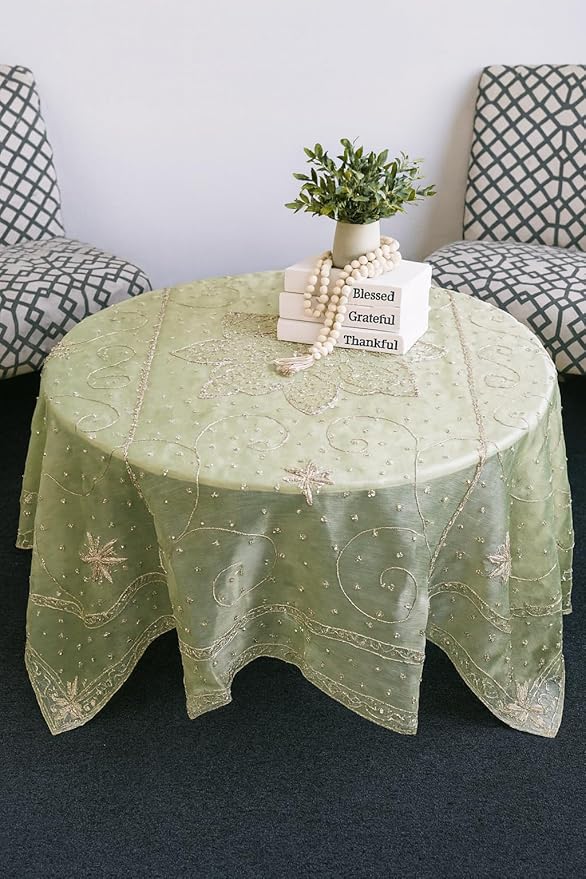 AK TRADING CO. Handmade Metallic Zari (Nakshi) Embroidered Silk Tissue Tablecloth – 60" Square | Luxury Handcrafted Decorative Table Cover for Home Décor, Weddings & Special Events (Sage Green, 60x60)