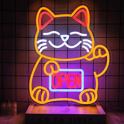 Lucky Cat Neon Sign Open LED Signs for Japanese Room Decor Fortune Cat Neon Light Dimmable Open Neon Signs for Restaurant Ramen Shop Izakaya Sushi Bar Decor Business Openings