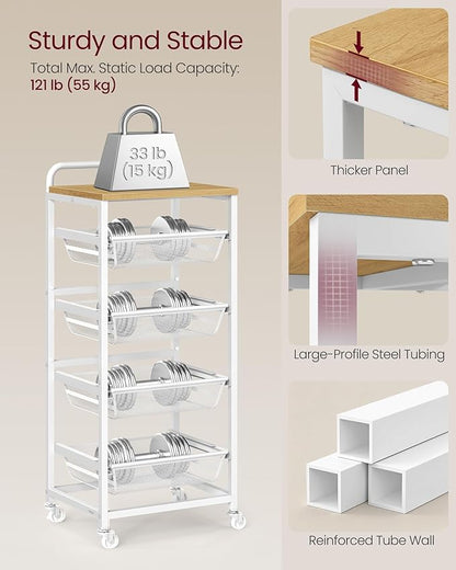 VASAGLE Storage Rolling Cart with Pull-Out Baskets, 5-Tier Utility Cart Orgnizer with Wheels for Laundry Room, Kitchen, Handle, 12.5 x 15.8 x 37.4 Inches, Golden Oak and Matte White ULRC041YA01